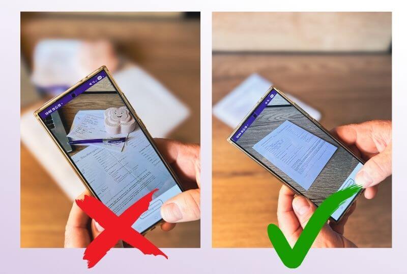 Es sind zwei Bilder abgebildet. Auf einem wird etwas mit dem Smartphone fotografiert, was sehr unordentlich aussieht. Auf dem zweiten Bild wird nur ein Rezept mit dem Smartphone fotografiert. Damit soll erklärt werden, wie es richtig funktioniert