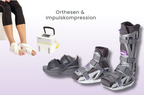 Kombinierte Darstellung von vier medizinischen Hilfsmitteln: Zwei Orthesen mit abnehmbarer Sohle für Fuß- und Sprunggelenksbehandlungen, ein Entlastungsschuh an einem Fuß im Alltagseinsatz sowie ein System zur Impulskompression mit angelegten Manschetten an den Füßen einer sitzenden Person. In der Mitte steht der Text „Orthesen & Impulskompression