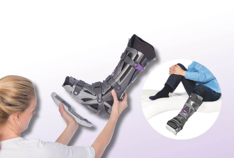 VacoPed: Frau hält die Orthese mit hohem Schaft in den Händen, daneben eine Detailansicht einer Person mit angelegtem VACOped-Stiefel – medizinisches Hilfsmittel zur Immobilisation und Behandlung von Sprunggelenks- oder Unterschenkelverletzungen.