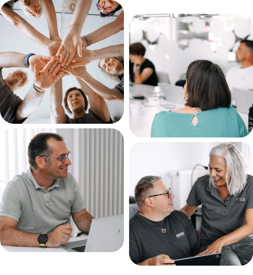 Facettenreiche Karriere bei OPED Wundversorgung. Vier Bildszenen zeigen das engagierte Team bei einem Meeting, beim gemeinsamen Arbeiten am Tablet, beim Teambuilding mit symbolischen Händen sowie einen Mitarbeiter am Schreibtisch – moderner Arbeitsplatz mit Teamkultur.