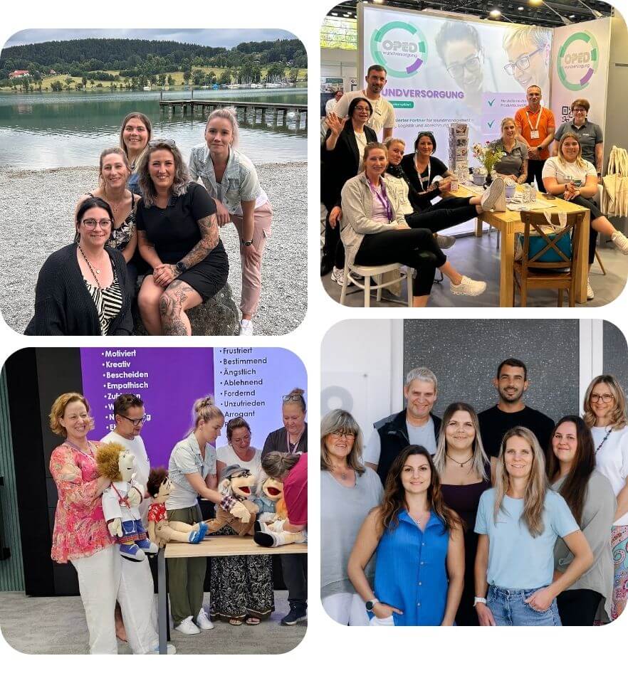 Bilder von Mitarbeitenden OPED Wundversorgung bei einem Teamevent am Tegernsee, auf einer Messe in Bremen und ein Teamfoto des Innendienstes vor dem Standort Schwaig.