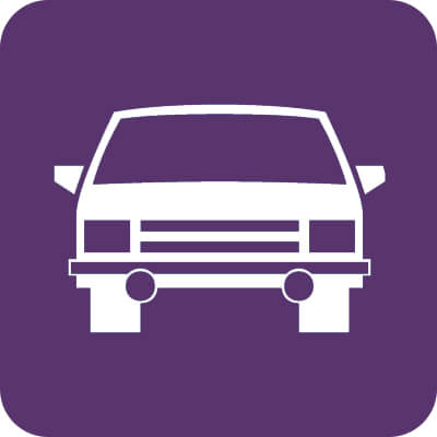 Icon mit lila Hintergrund und einem weißen Auto.