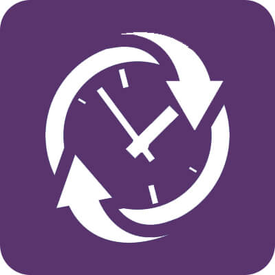 Icon mit einem lila farbenen Hintergrund mit einer Uhr und Pfeilen.
