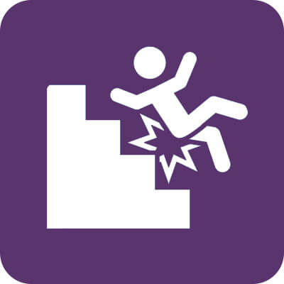 Icon mit lila Hintergrund und einer weißen Treppen von der ein Mensch runterfällt.