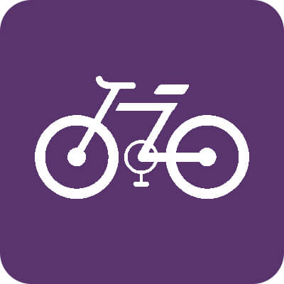 Icon mit lila Hintergrund und einem weißen Fahrrad.