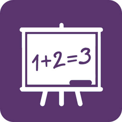 Icon mit lila Hintergrund mit einer weißen Tafel auf der steht 1+2=3.