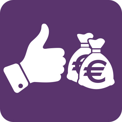 Weißes Icon mit einem erhobenen Daumen und zwei Geldsäcken auf lila farbenem Hintergrund