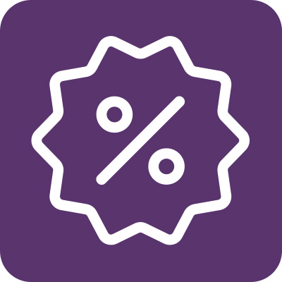 Weißes Icon mit einem Prozentzeichen auf lila farbenem Hintergrund