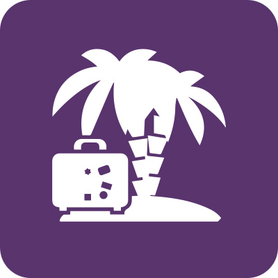 Weißes Icon mit einer Insel mit zwei Palmen und einem Koffer auf lila farbenem Hintergrund